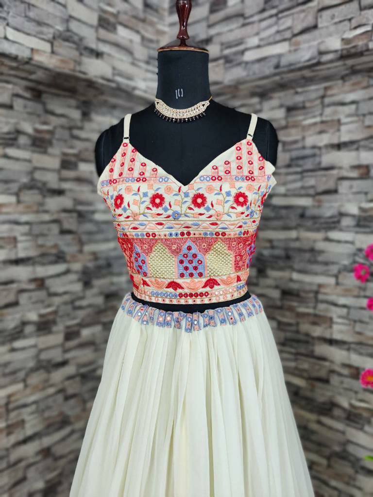 Georgette Party Wear White Lehenga Choli With Shrug