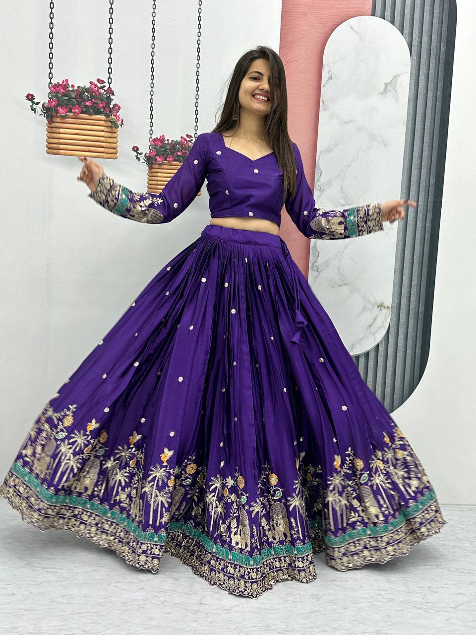 Designer Chinon Party Wear Purple Lehenga Choli