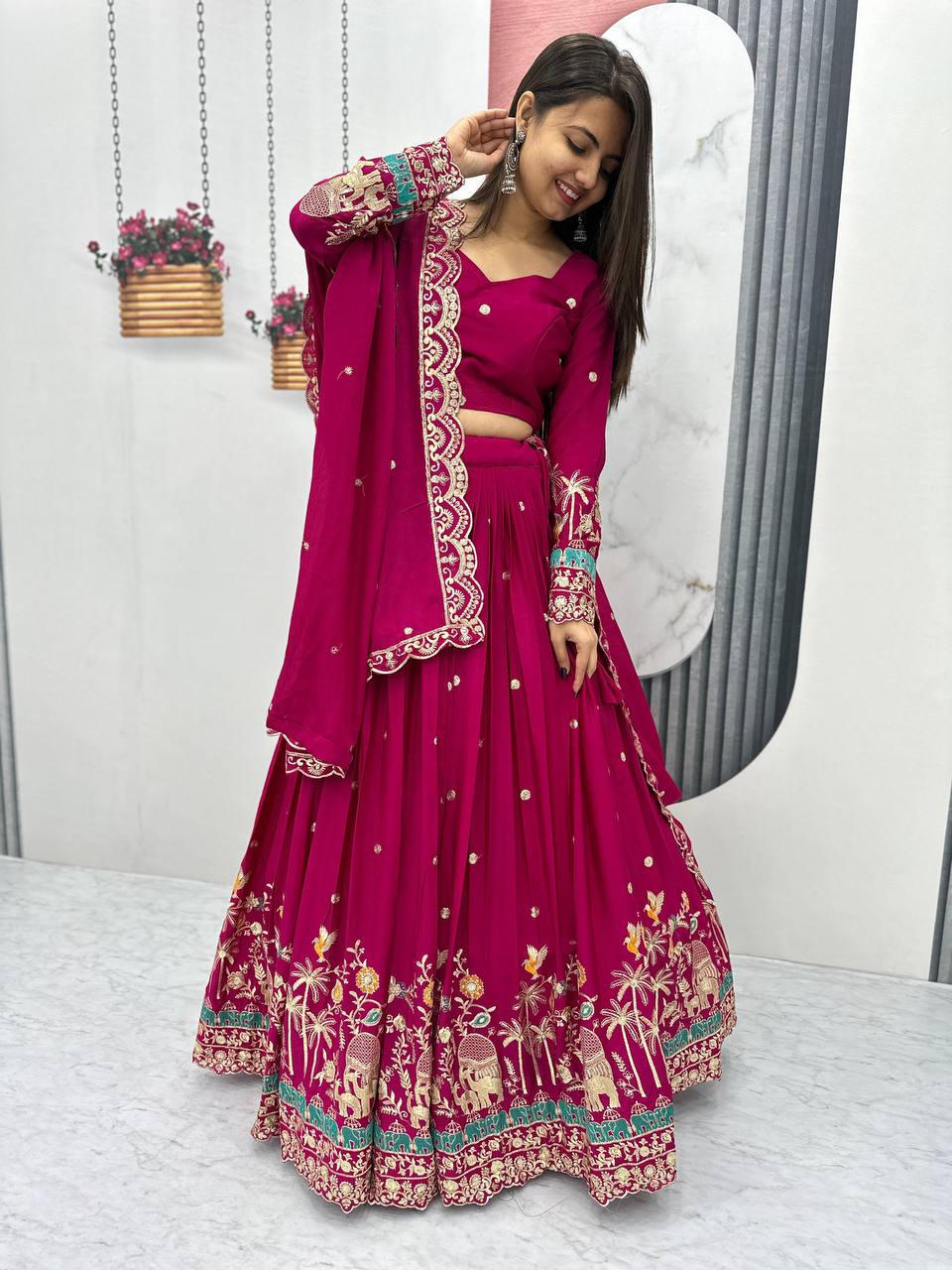 Designer Chinon Party Wear Pink Lehenga Choli