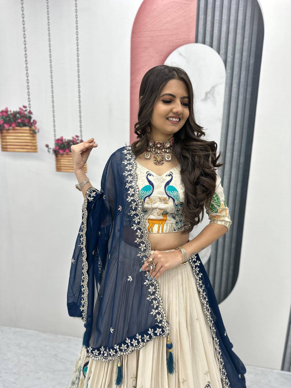 Silk Party Wear White Blue Lehenga Choli