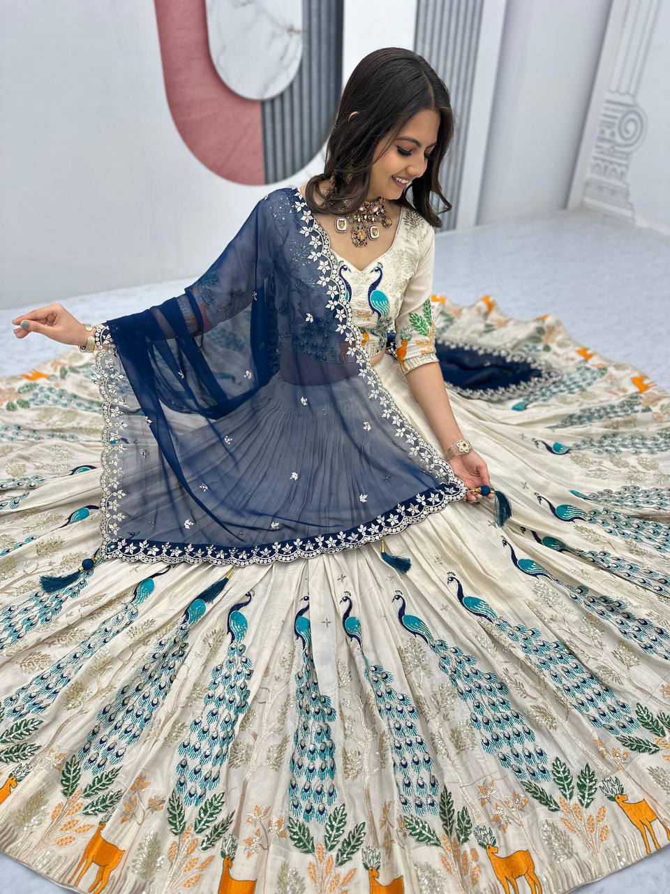 Silk Party Wear White Blue Lehenga Choli