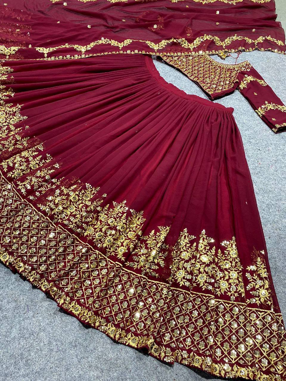 Georgette Bridal Wear Maroon Lehenga Choli