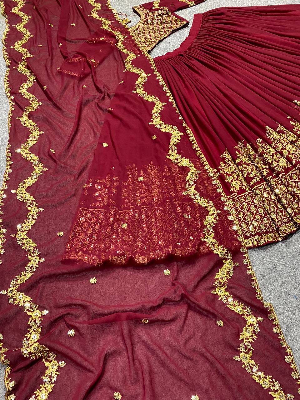 Georgette Bridal Wear Maroon Lehenga Choli