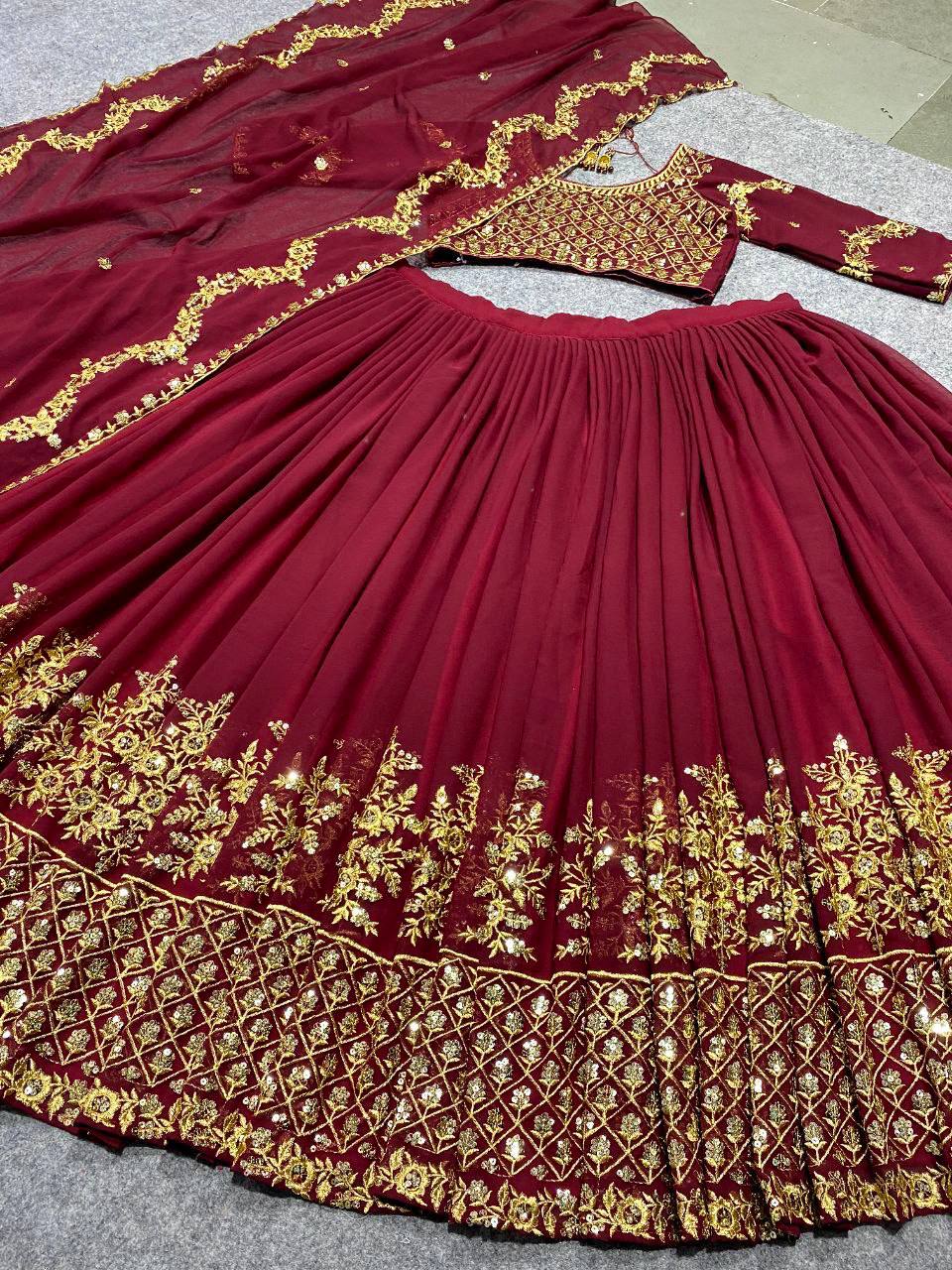 Georgette Bridal Wear Maroon Lehenga Choli