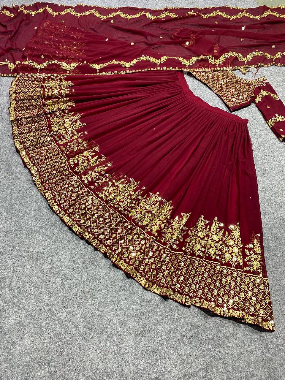 Georgette Bridal Wear Maroon Lehenga Choli