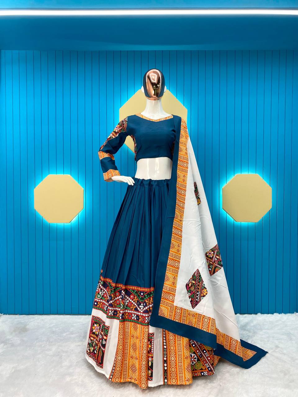 Navratri Collection: Printed And Real Mirror Blue Lehenga Choli