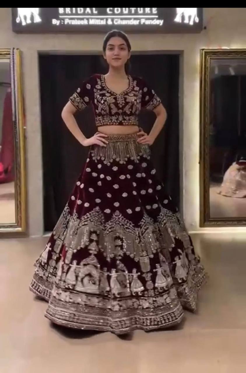 Velvet Embroidered Bridal Lehenga Choli