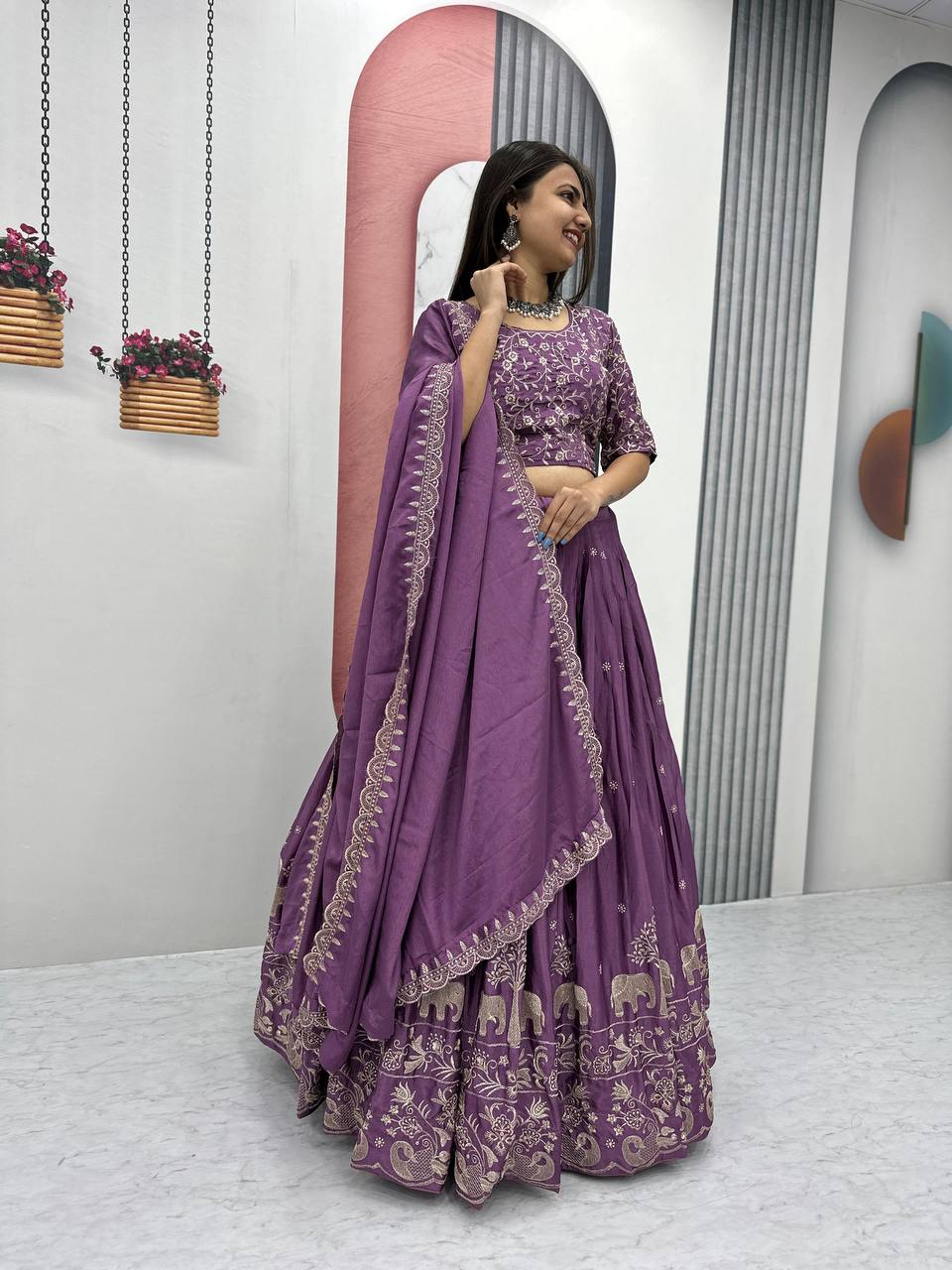 Purple Chinon Party Wear Lehenga Choli