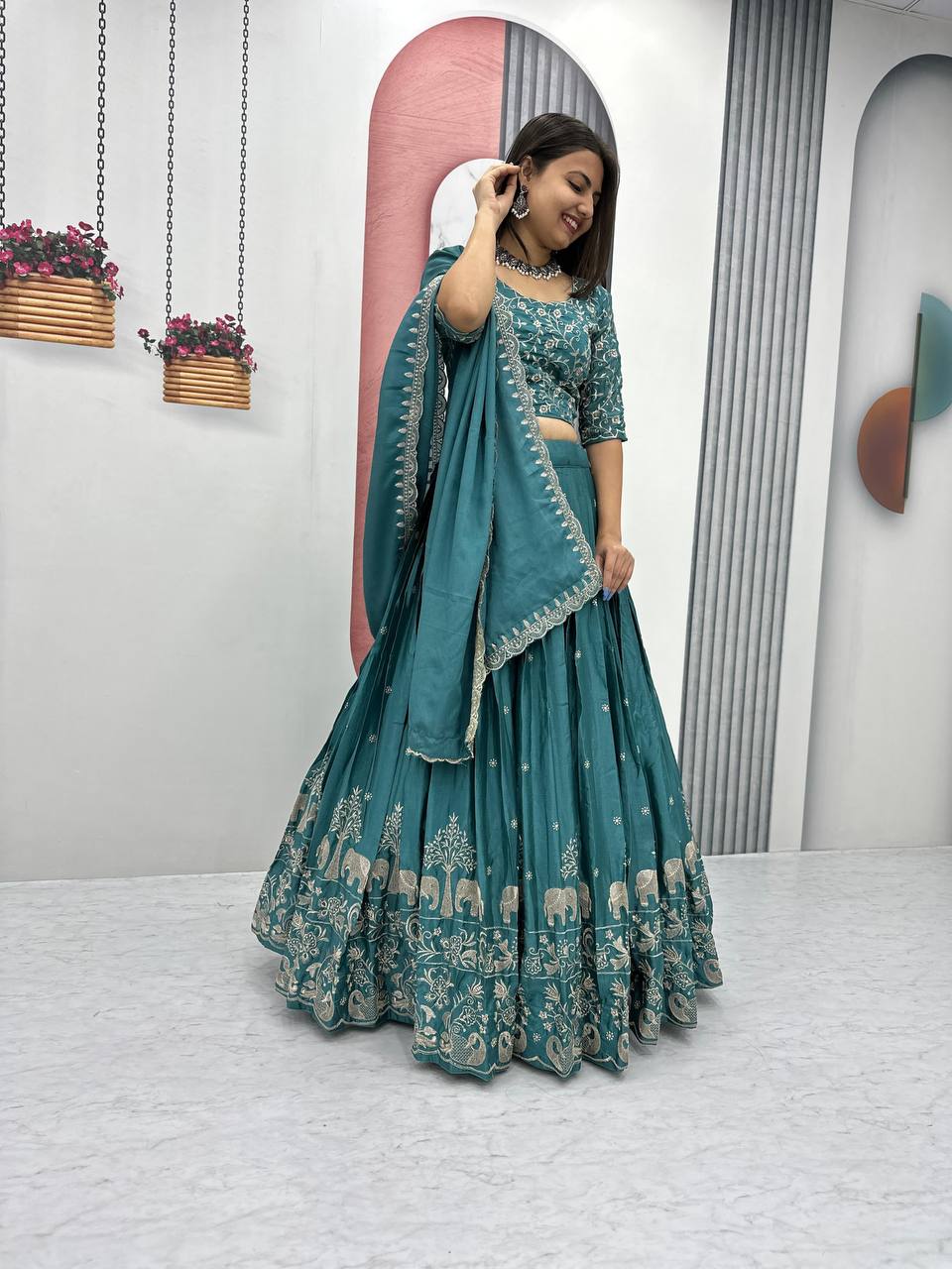 Turquoise Chinon Party Wear Lehenga Choli