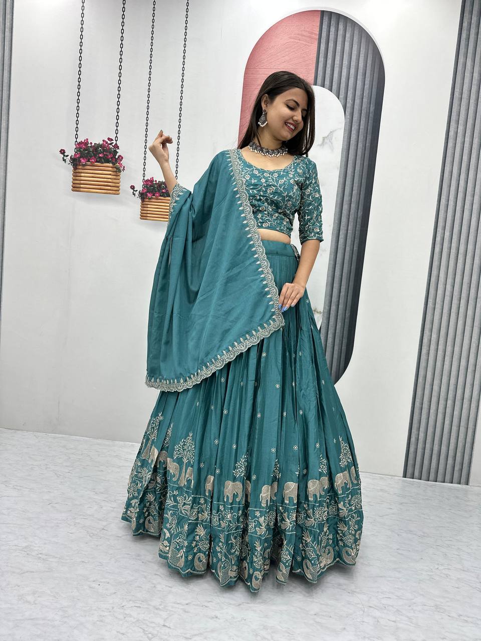 Turquoise Chinon Party Wear Lehenga Choli