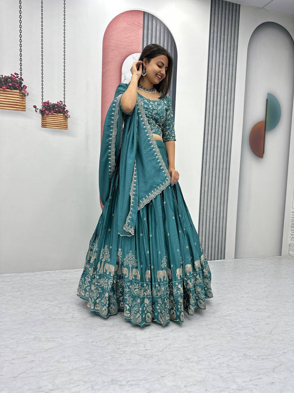 Turquoise Chinon Party Wear Lehenga Choli