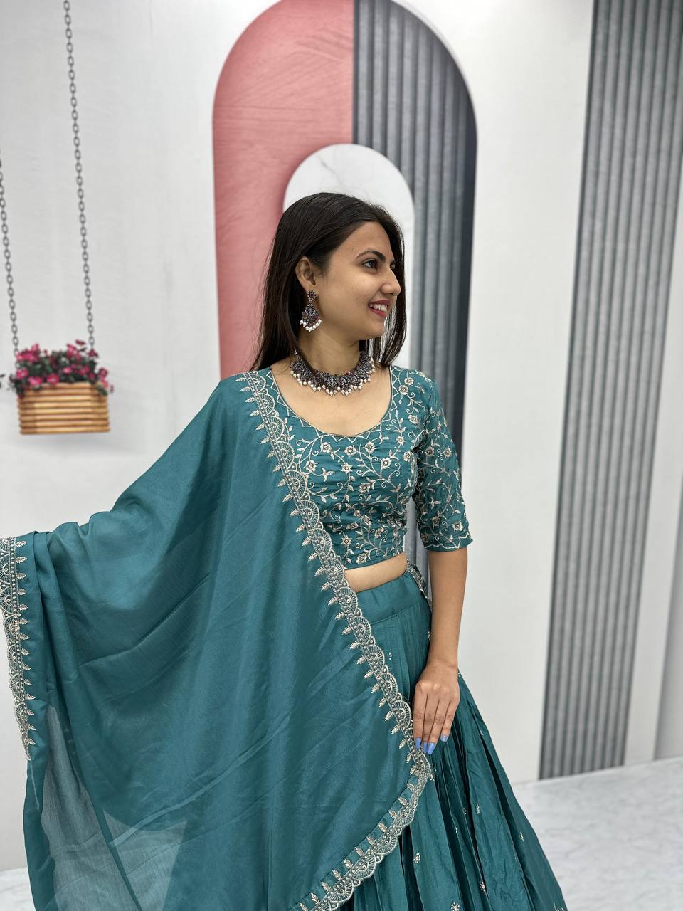 Turquoise Chinon Party Wear Lehenga Choli