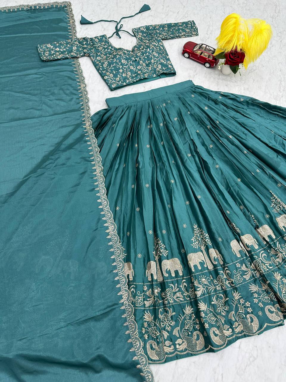 Turquoise Chinon Party Wear Lehenga Choli