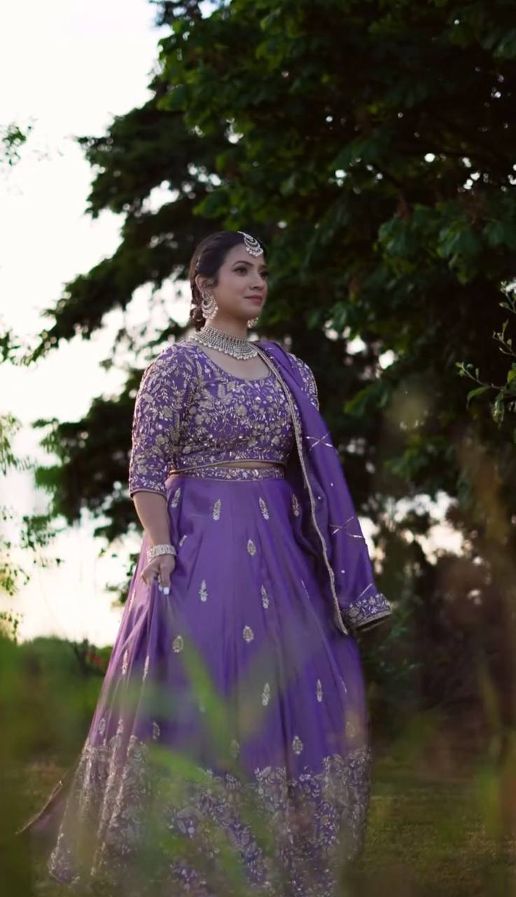 Wedding Wear Chinon Purple Lehenga Choli