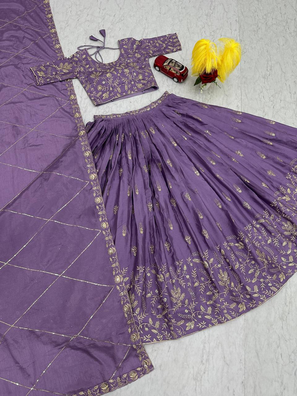 Wedding Wear Chinon Purple Lehenga Choli