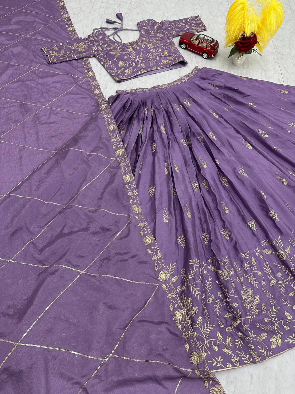 Wedding Wear Chinon Purple Lehenga Choli