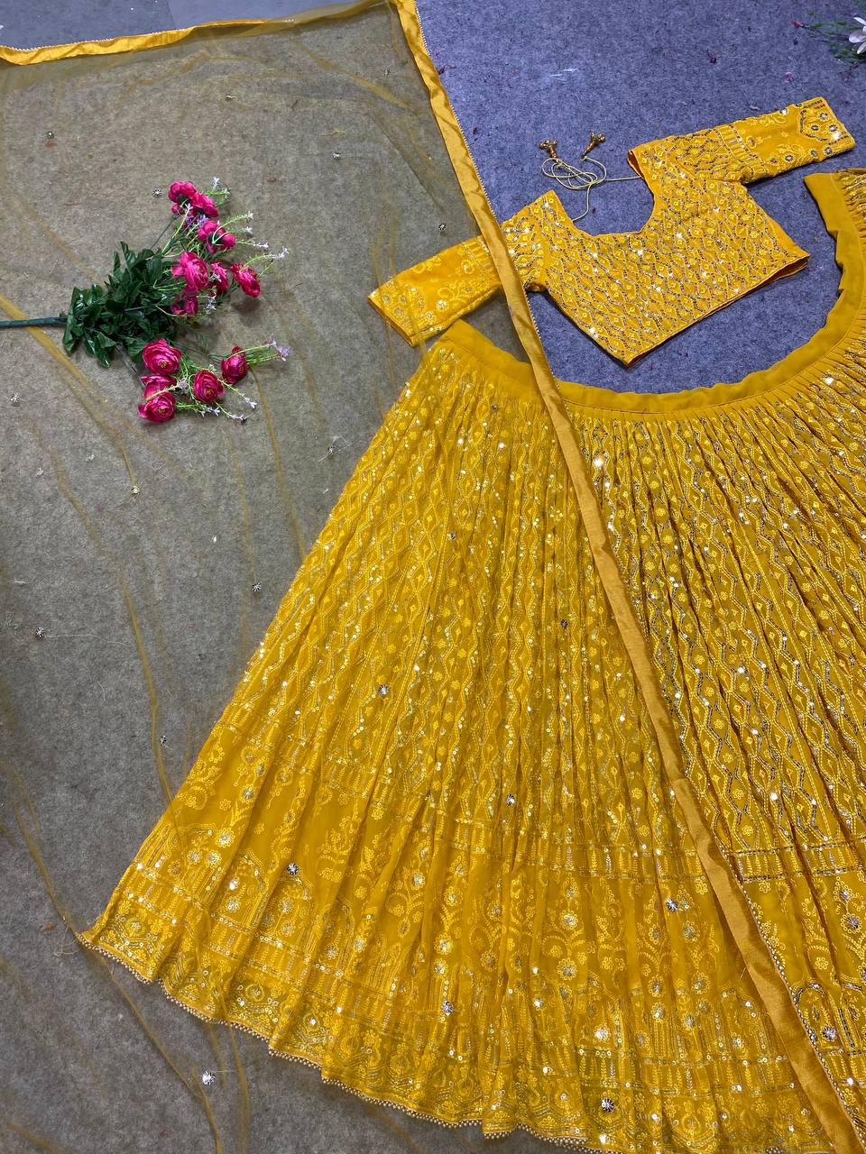 Wedding Wear Georgette Embroidered Yellow Lehenga Choli