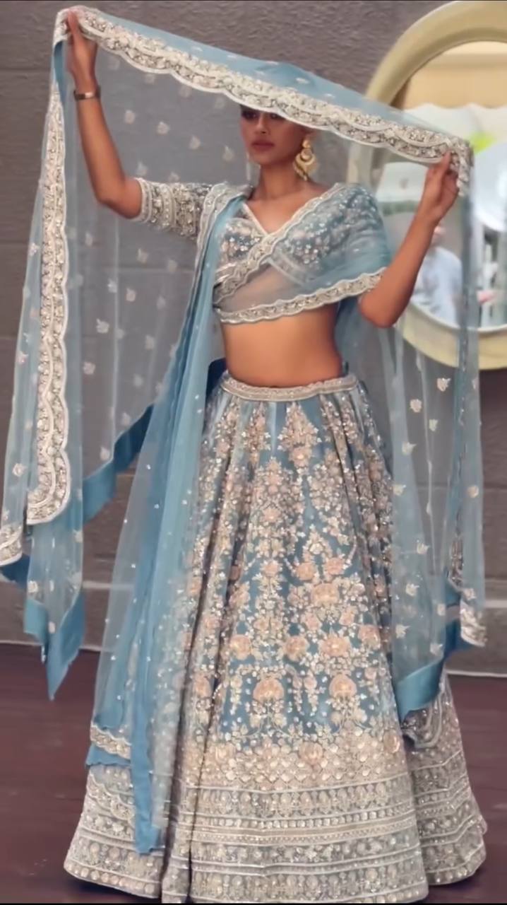 Georgette Embroidered Wedding Wear Sky Blue Lehenga Choli