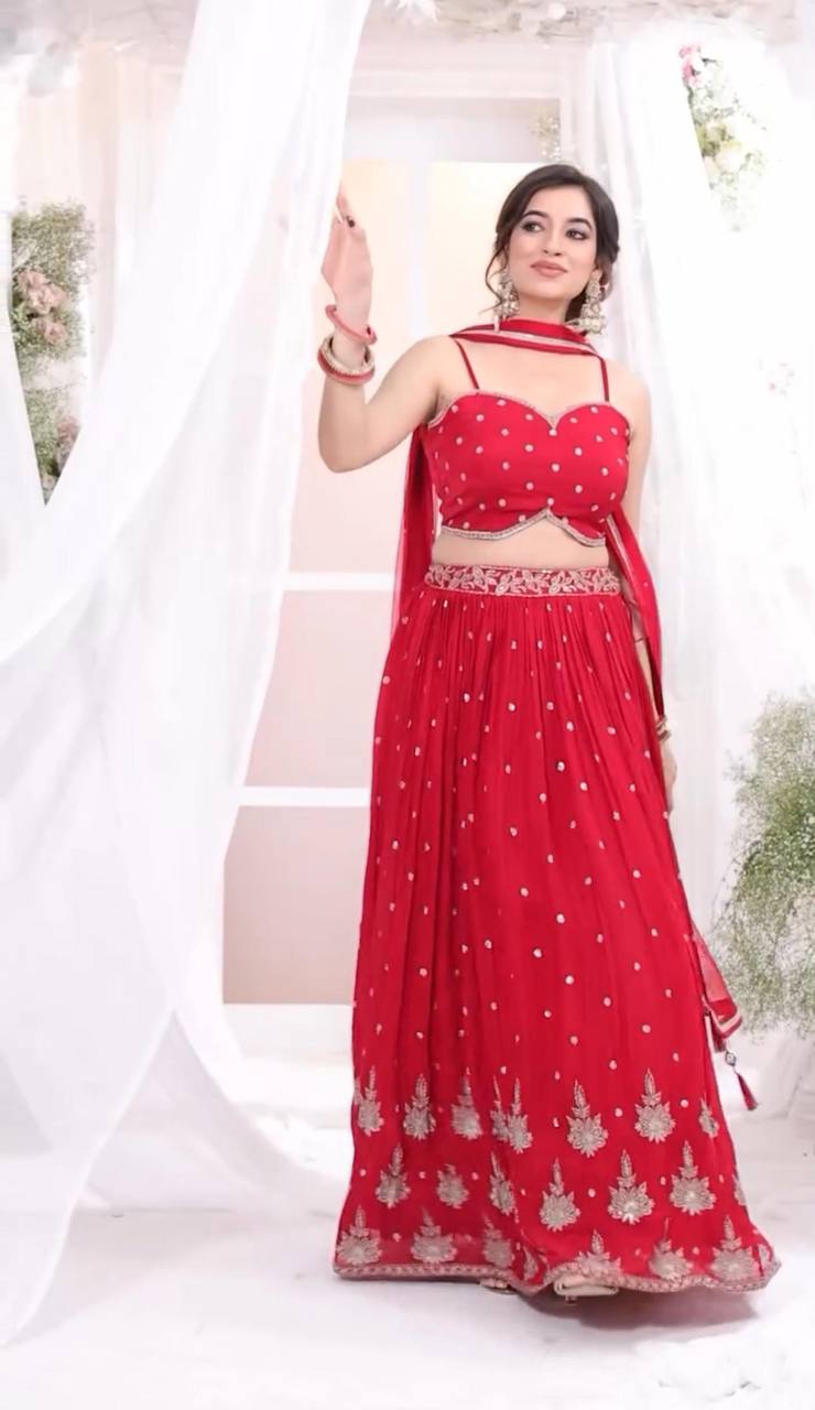 Wedding Wear Chinon Red Lehenga Choli