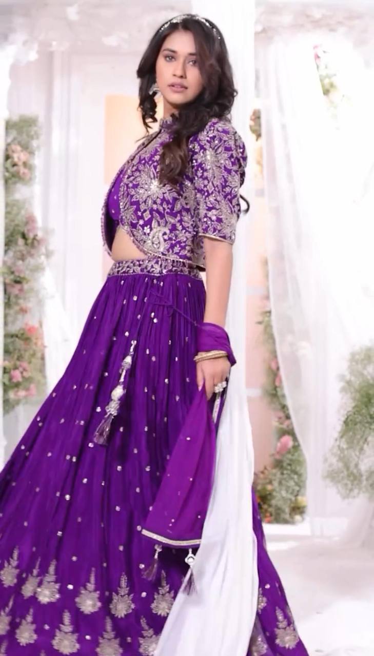 Wedding Wear Chinon Purple Lehenga Choli