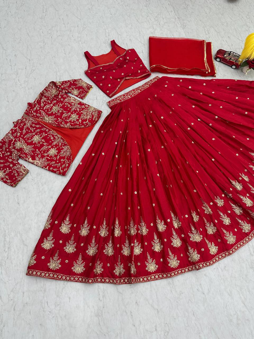 Wedding Wear Chinon Red Lehenga Choli