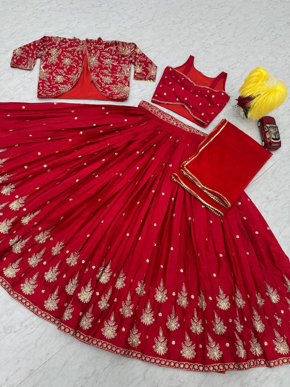 Wedding Wear Chinon Red Lehenga Choli