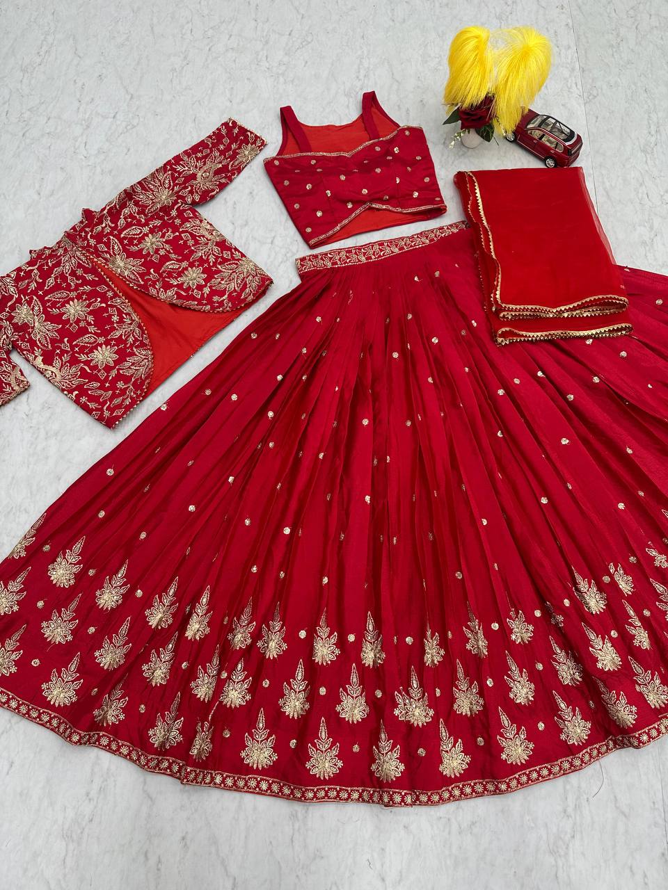 Wedding Wear Chinon Red Lehenga Choli