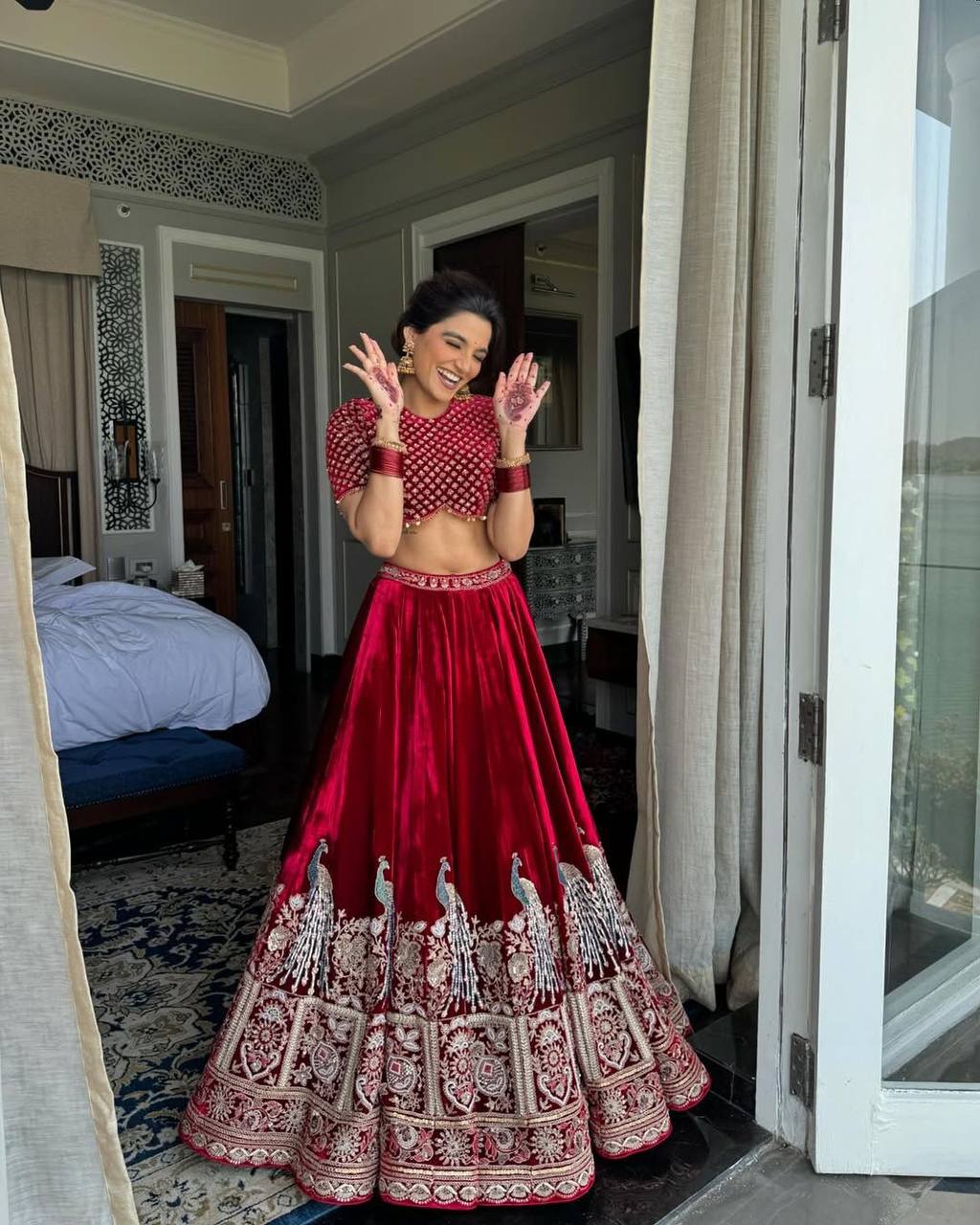 Bridal Wear Velvet Maroon Lehenga Choli