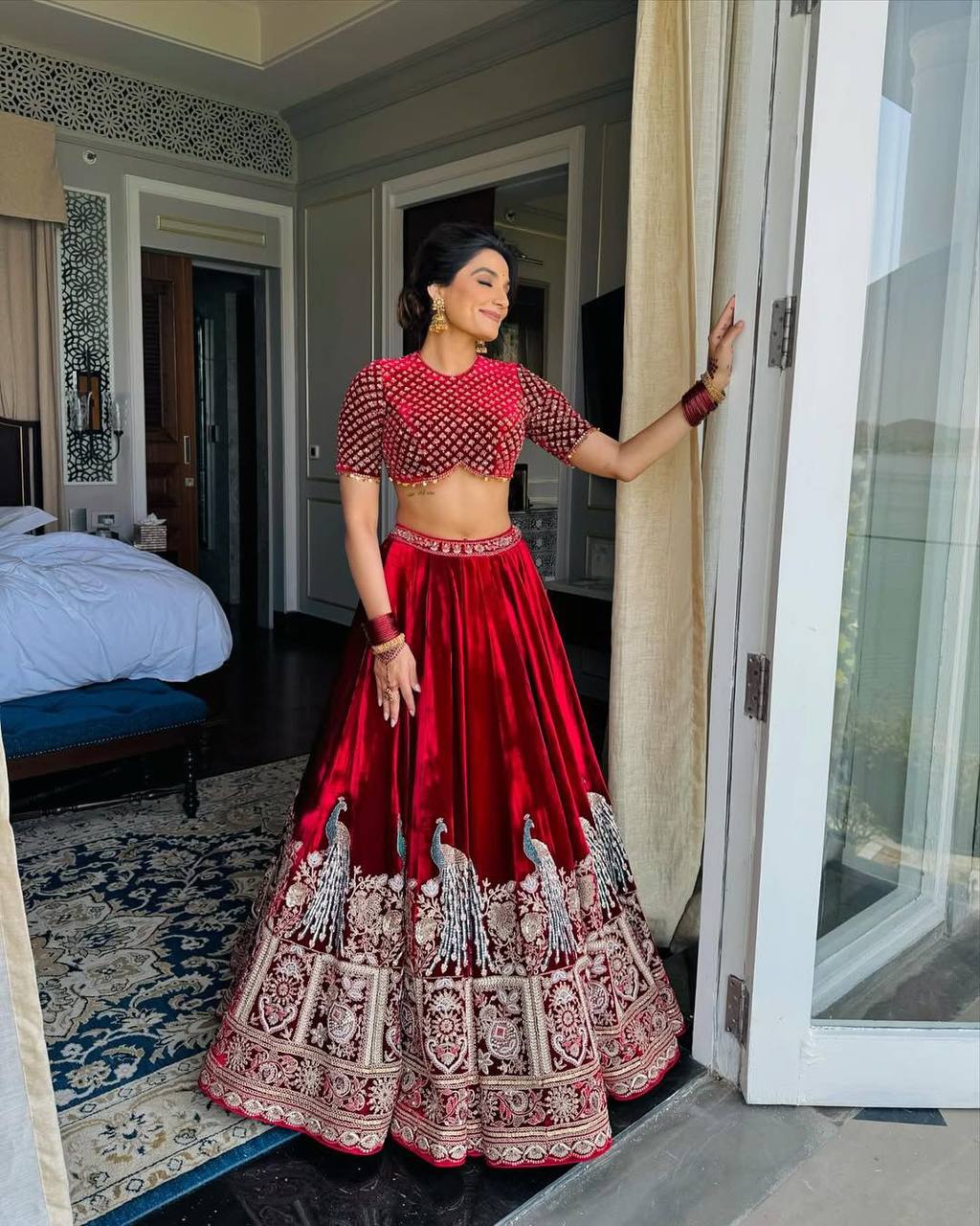 Bridal Wear Velvet Maroon Lehenga Choli