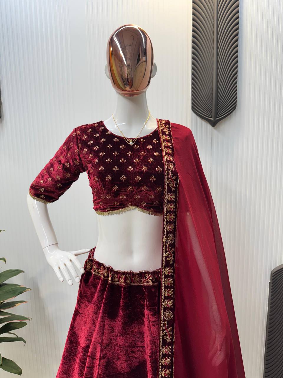 Bridal Wear Velvet Maroon Lehenga Choli