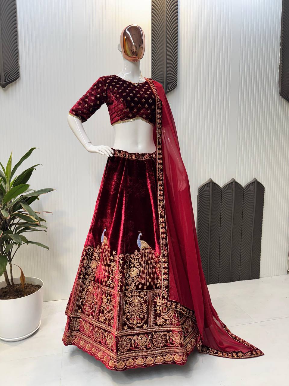 Bridal Wear Velvet Maroon Lehenga Choli