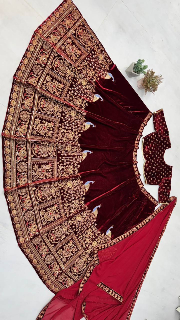 Bridal Wear Velvet Maroon Lehenga Choli