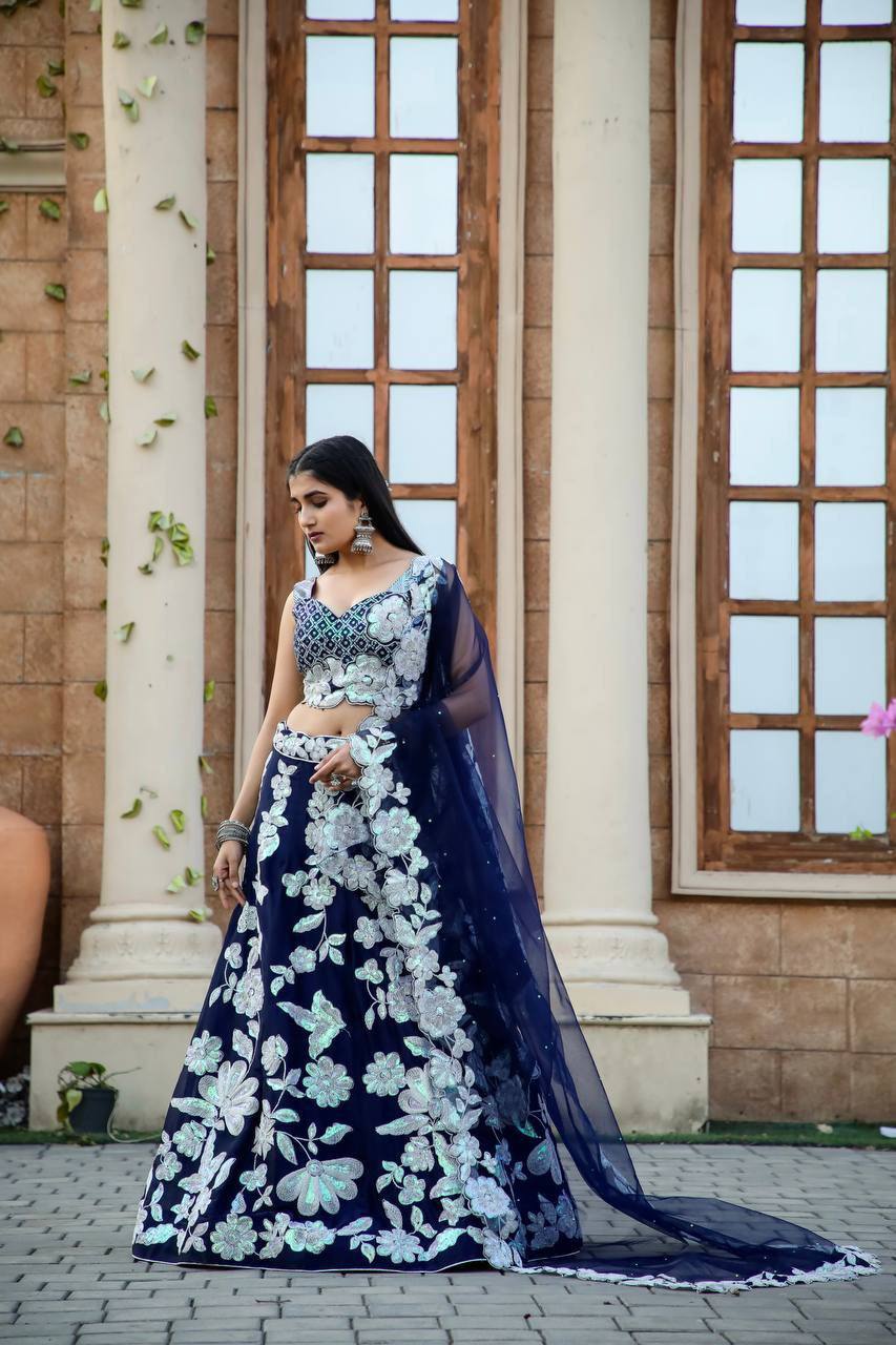 Georgette Wedding Wear Blue Lehenga Choli