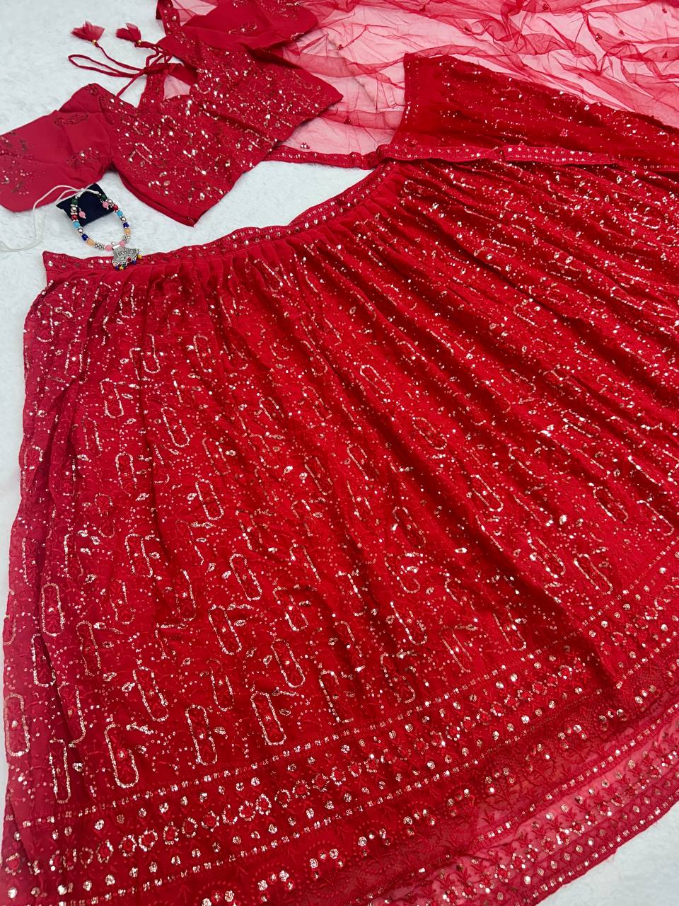 Party Wear Faux Georgette Red Lehenga Choli