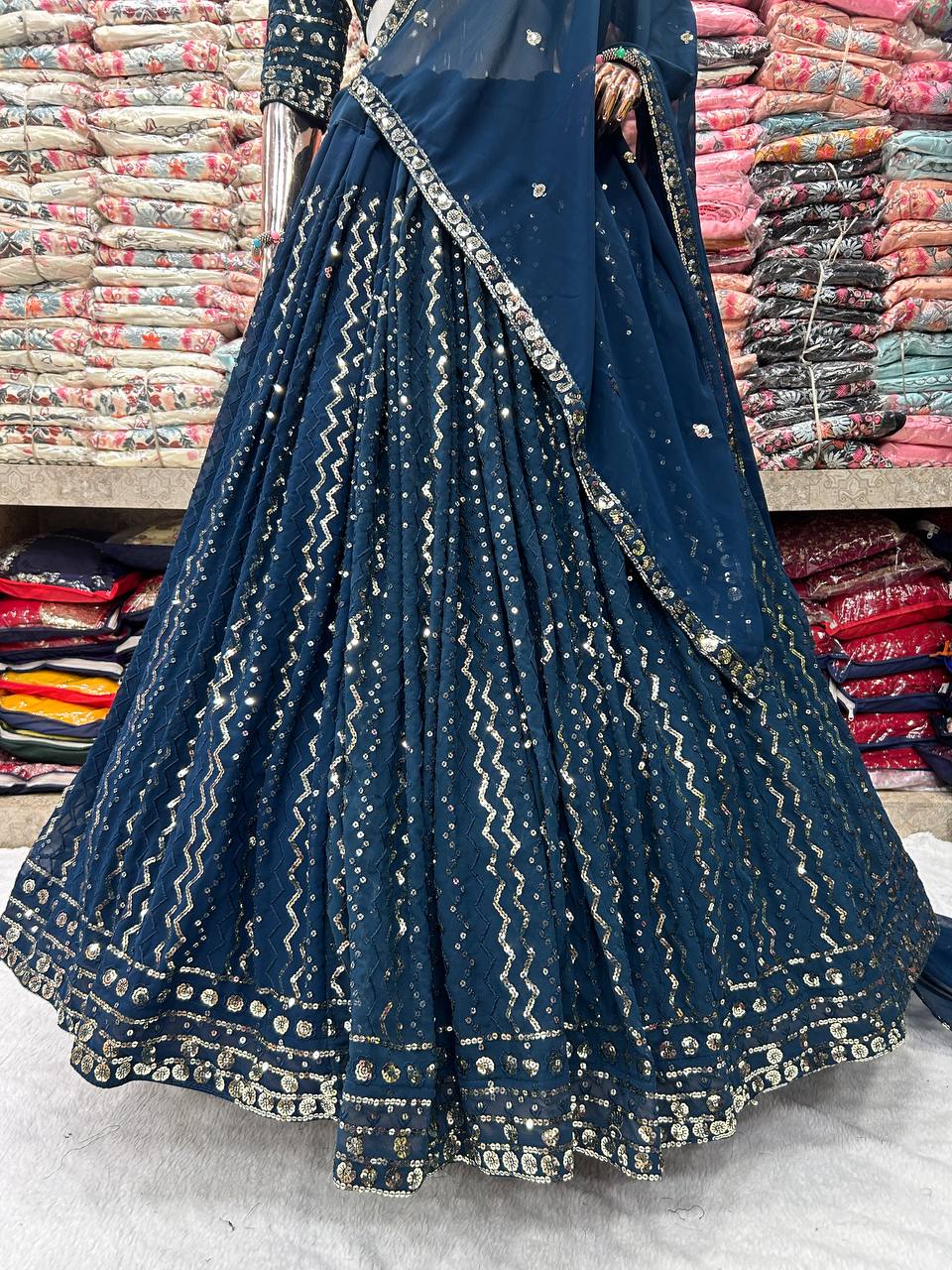 Wedding Wear Georgette Sequence Blue Lehenga Choli