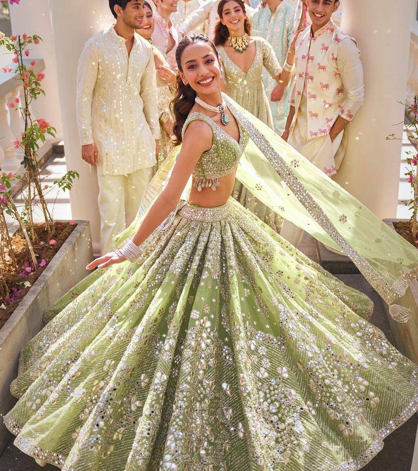 Wedding Wear Butterfly Net Mint Green Lehenga Choli