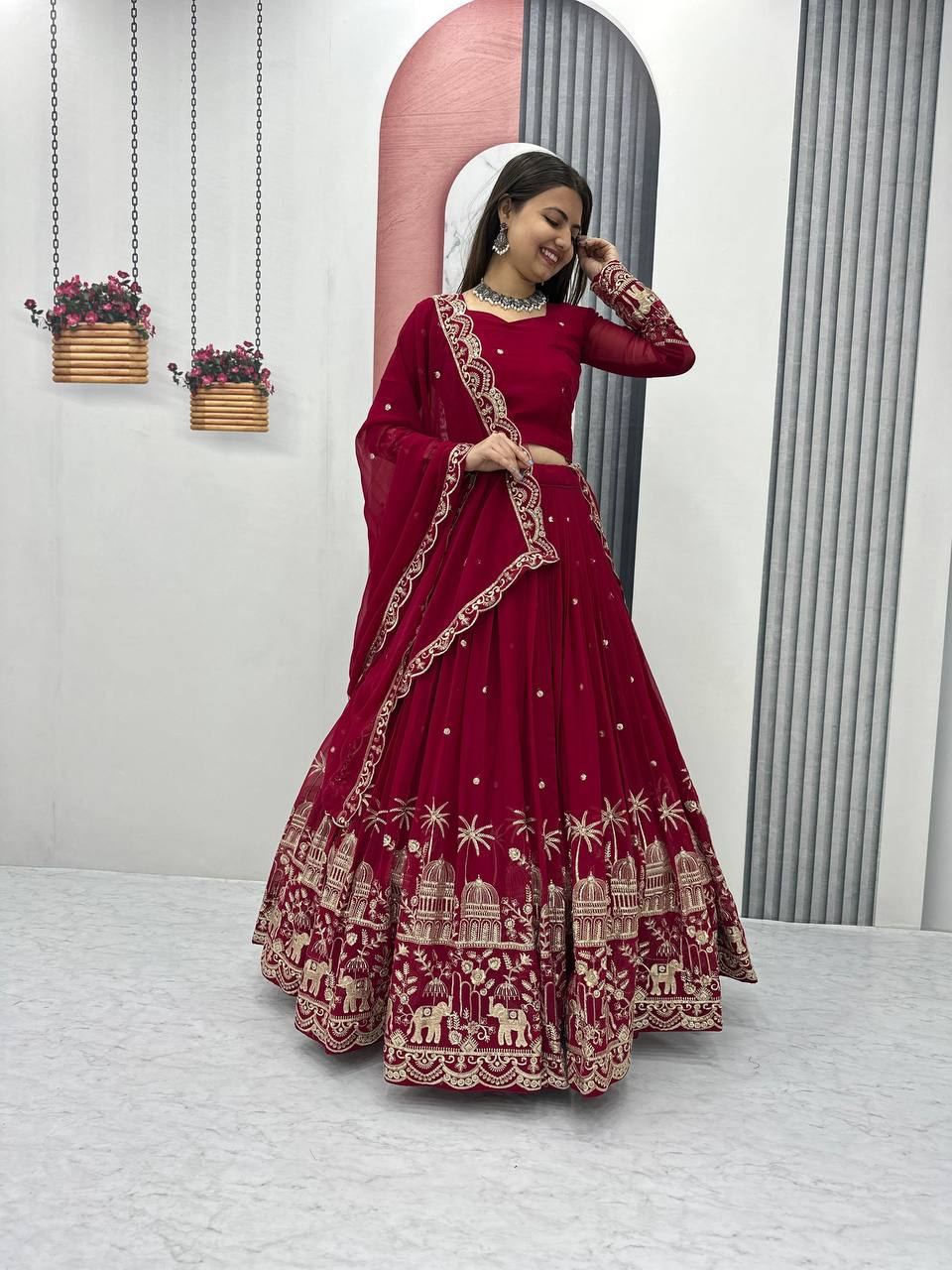 Georgette Red Wedding Wear Lehenga Choli