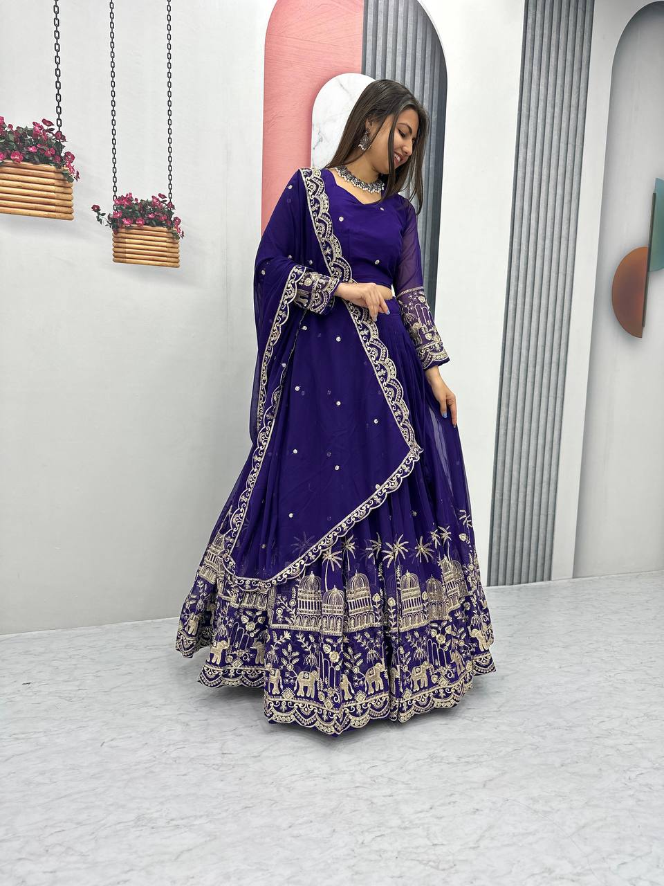 Georgette Purple Wedding Wear Lehenga Choli