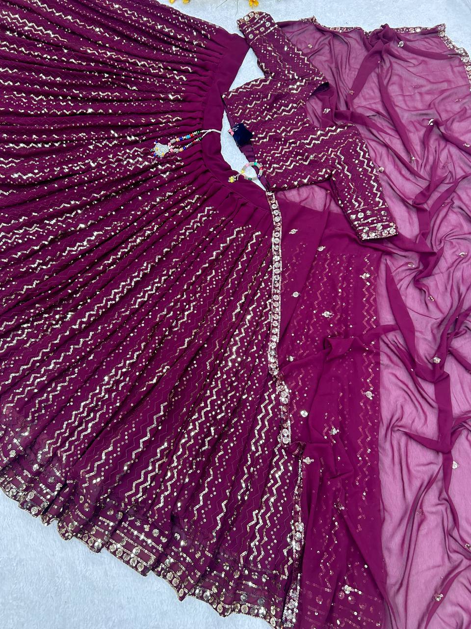 Wedding Wear Georgette Sequence Purple Lehenga Choli