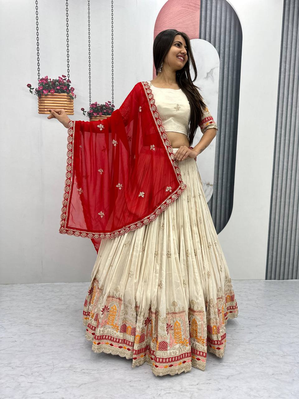 Pure Banarasi Tissue Embroidered White Lehenga Choli