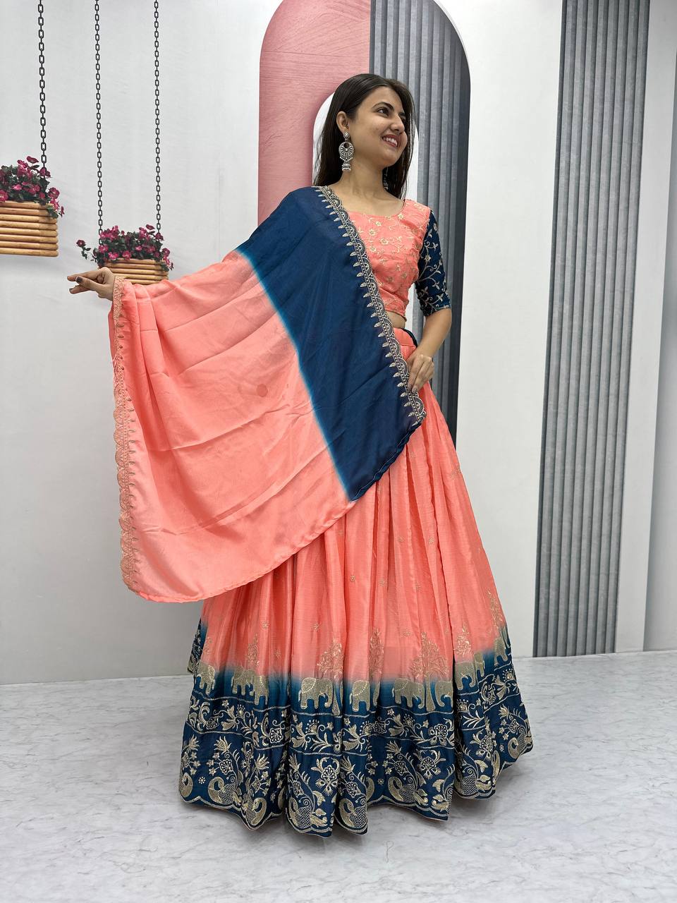 Party Wear Chinon Peach Lehenga Choli