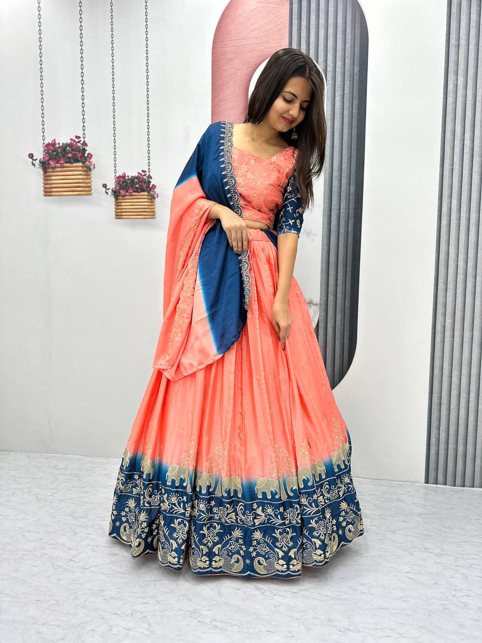 Party Wear Chinon Peach Lehenga Choli