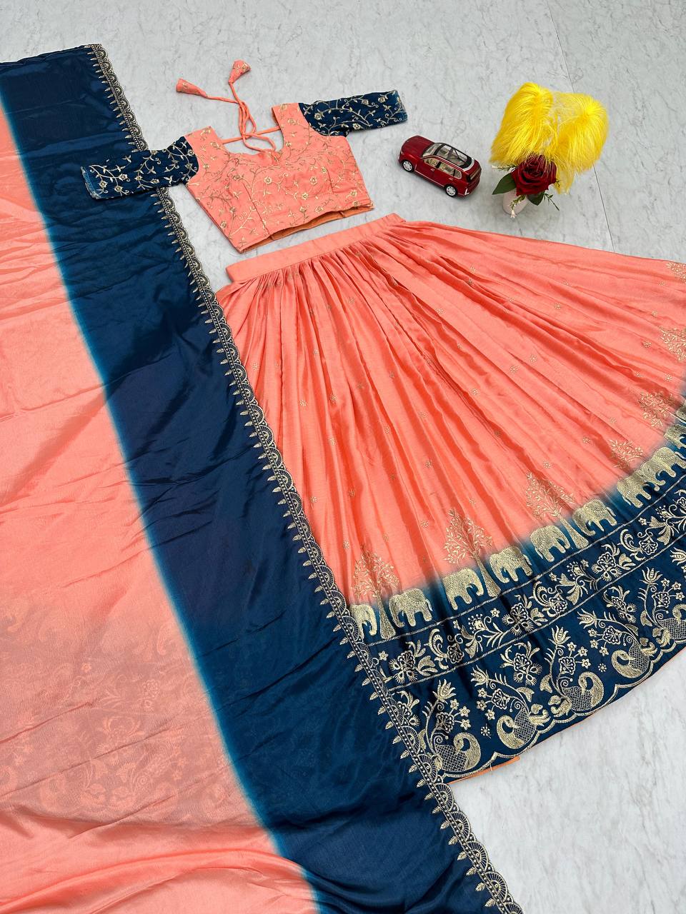 Party Wear Chinon Peach Lehenga Choli