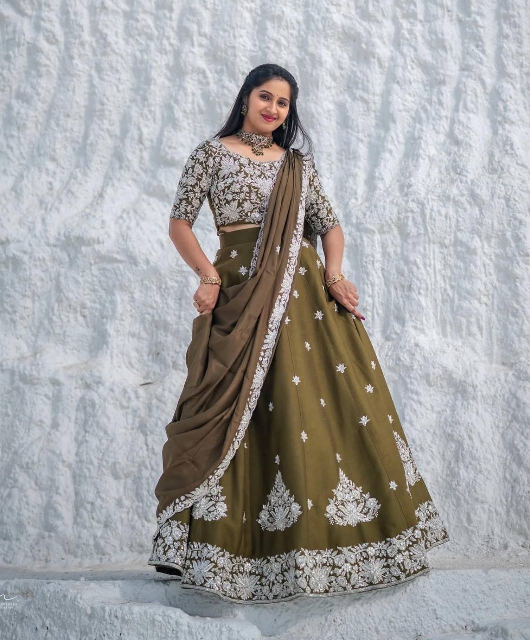 Olive Chinon Party Wear Lehenga Choli