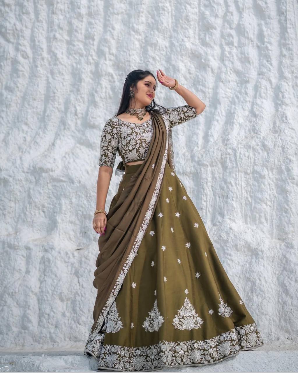 Olive Chinon Party Wear Lehenga Choli