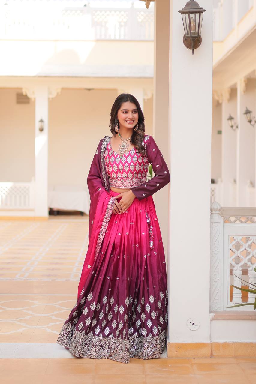 Party Wear Chinon Pink Lehenga Choli