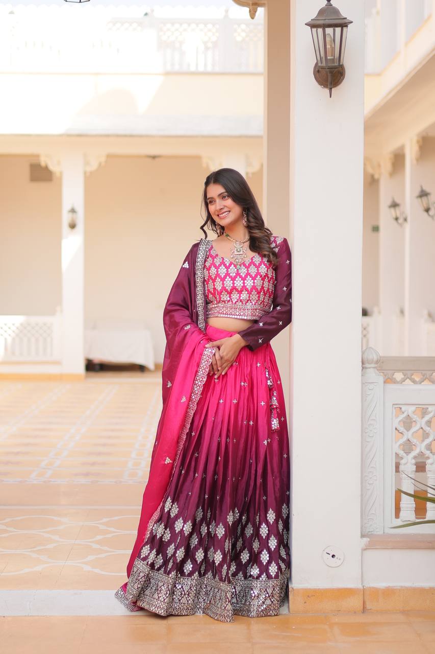 Party Wear Chinon Pink Lehenga Choli