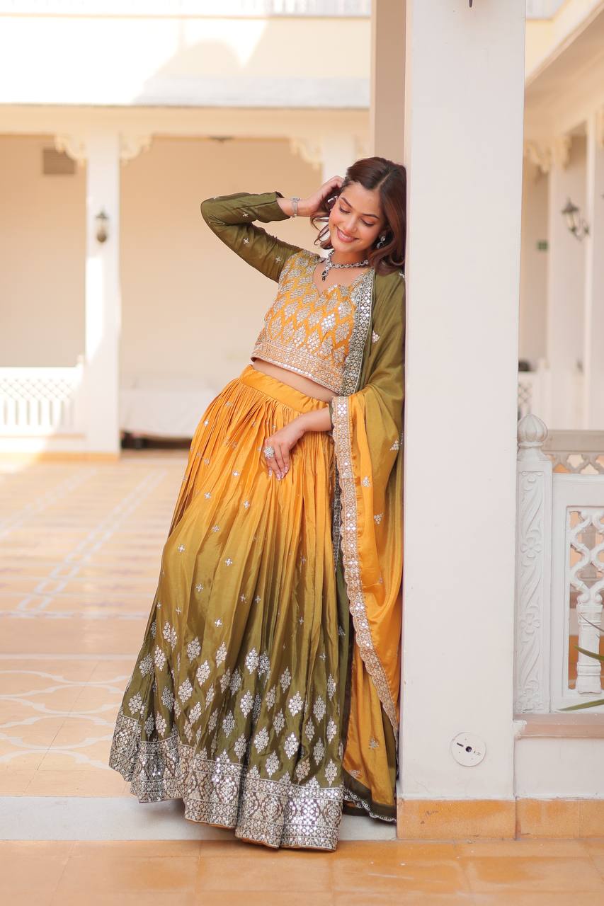 Party Wear Chinon Yellow Lehenga Choli