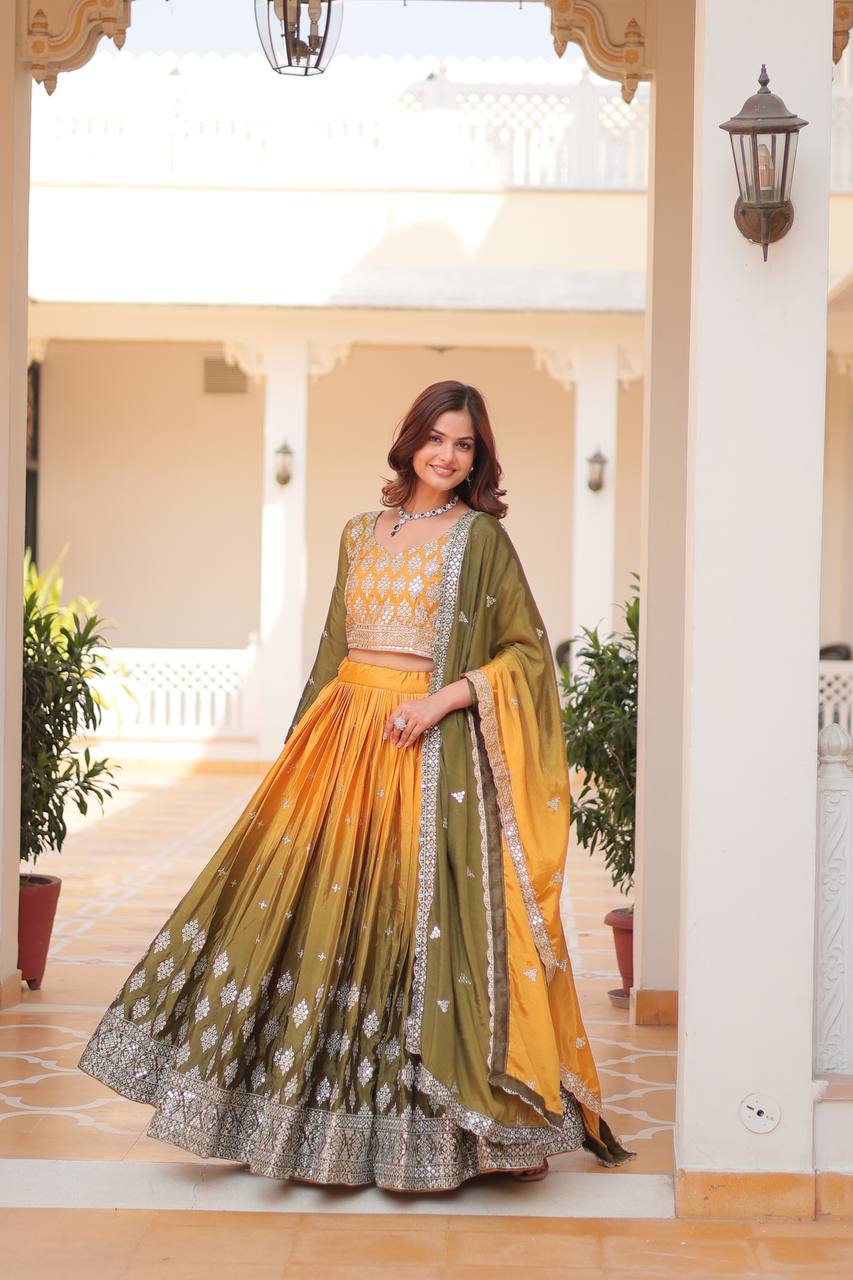 Party Wear Chinon Yellow Lehenga Choli