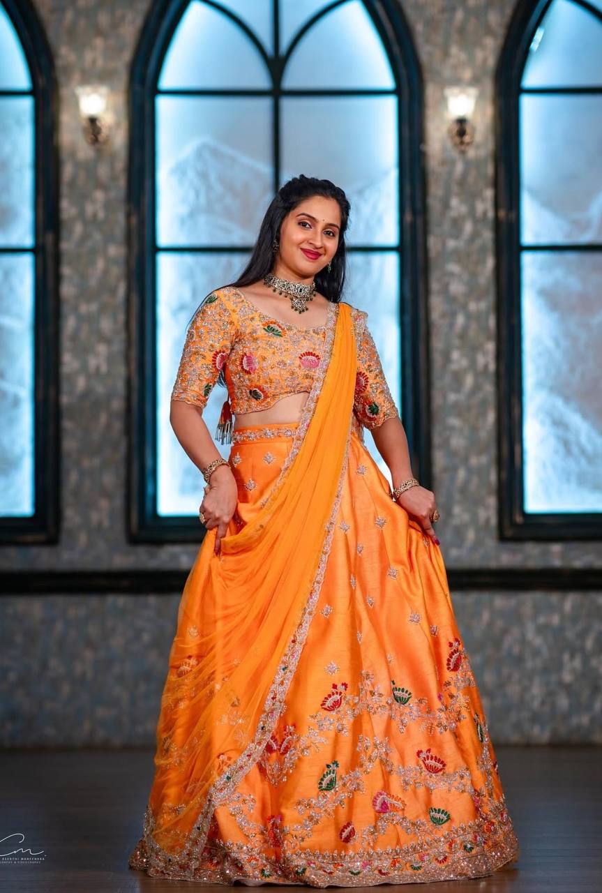 Wedding Wear Chinon Orange Lehenga Choli